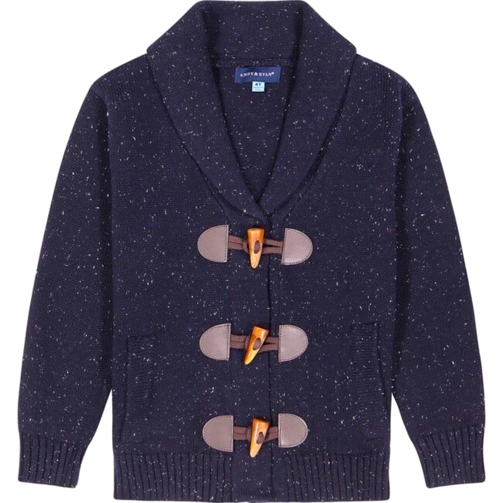 Andy & Evan Shawl Collar Carnage In Navy W/White Specks & Brown Toggles Cardigan